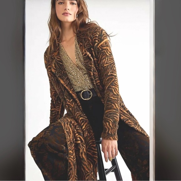 New Free People Animal Print Cardi Duster Maxi small Furry Side Slit Soft $298 - Picture 2 of 9